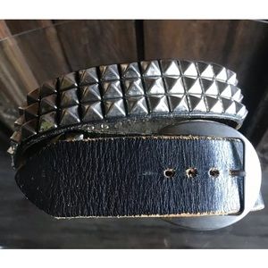 Three Row Pyramid Punk Studded Black Leather Belt